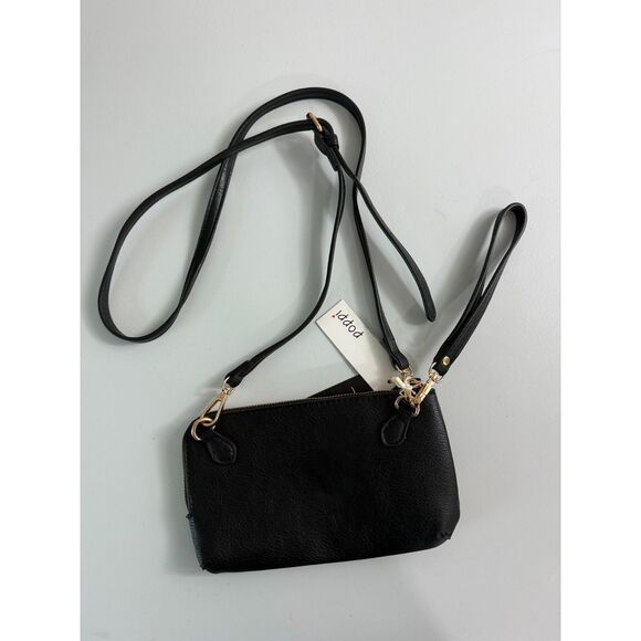 Poppi Black Vegan Wristlet Crossbody Wallet Bag Gold Hardware New With Tags - Picture 2 of 10